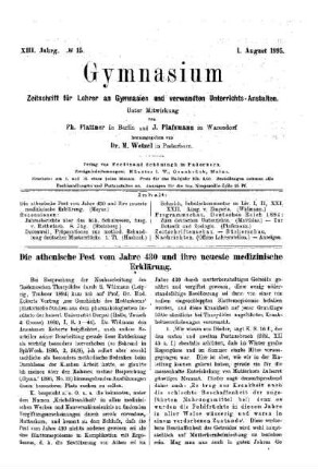 Die athenische Pest vom Jahre 430 und ihre neueste medizinische Erklärung