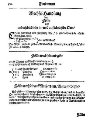 Wechsel-Handlung von Cölln auff underschiedliche in- und außländische Orte/