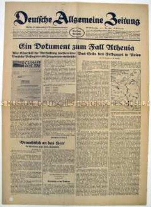 Tageszeitung "Deutsche Allgemeine Zeitung" u.a. zum "Ende des Feldzuges" gegen Polen und zur Versenkung des deutschen Schiffes "Athenia"