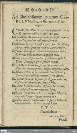 Ad illustrissimum puerum Carolum, Magnae Britanniae Principem
