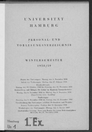 WS 1958/59: Personal- und Vorlesungsverzeichnis // Hamburgische Universität