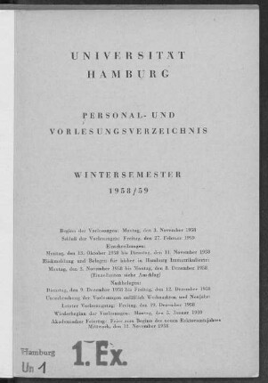 WS 1958/59: Personal- und Vorlesungsverzeichnis // Hamburgische Universität