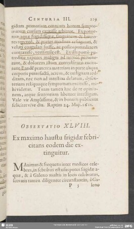 Observatio XLVIII. Ex maximo haustu frigidae, febricitans eodem die extinguitur