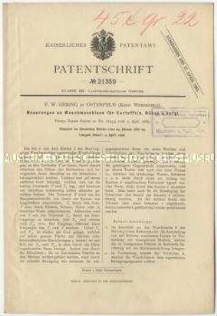 Patentschrift einer Neuerung an Waschmaschinen für Kartoffeln, Rüben u. dgl., Patent-Nr. 21359