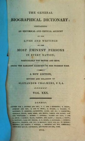 The general biographical dictionary : Containing an hist. and crit. account of the lives and writings of the most eminent persons in every nation; particularly the British and Irish; from the earliest accounts to the present time, 30. Tr - Walk