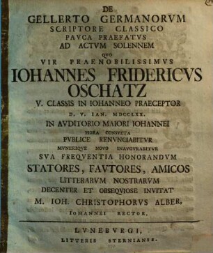De Gellerto, Germanorum scriptore classico pauca praefatus
