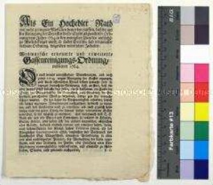 Dekret der Stadt Wismar als Erneuerung und Erweiterung der Gassenreinigerordnung von 1764 betreffend die Straßenreinigung und -pflege sowie die Instandhaltung der Wasserleitungen in Wismar