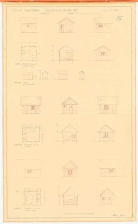 Wettbewerb Dauerkleingartenanlage, Reichsgartenschau 1939, Stuttgart: Grundrisse, Ansichten Lauben 1:50