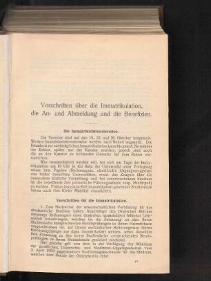 Vorschriften über die Immatrikulation, die An- und Abmeldung und die Benefizien.