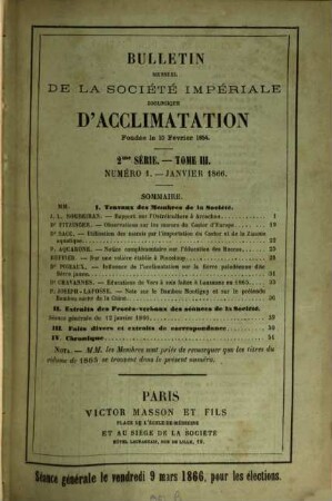 Bulletin mensuel de la Société Imperiale Zoologique d'Acclimatation. 3. 1866