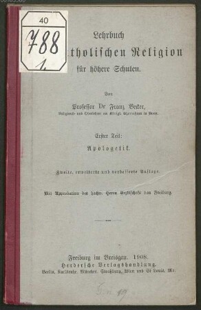 Lehrbuch der katholischen Religion für höhere Schulen, 1. Apologetik