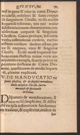 V. De Manducatione panis physica, et de duplici manducatione corporis Christi, sacramentali et spirituali in Coena.