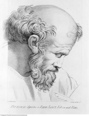 Le LII teste della celebre Scuola d'Atene dipinta da Raffaello Sanzio da Urbino nel Palazzo Vaticano / disegnate in XL carte dal Cavalier Antonio Rafaello Mengs, incise da Domenico Cunego / Roma : Ghelli, 1785, Pythagoras (tav. 3)