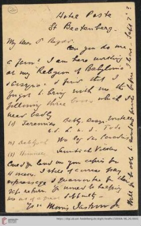 Briefe von Morris Jastrow an Carl Bezold: Karte von Morris Jastrow an Carl Bezold