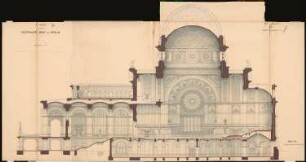 Zentralfriedhof für Berlin, Berlin-Charlottenburg Schinkelwettbewerb 1876: Hauptkapelle: Längsschnitt 1:75; Maßstabsleiste