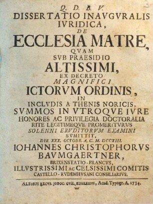 Dissertatio Inavgvralis Ivridica, De Ecclesia Matre