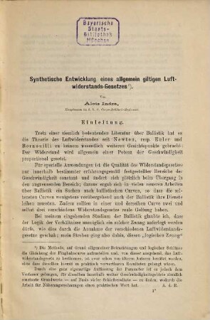 Synthetische Entwicklung eines allgemein giltigen Luftwiderstands-Gesetzes : Von Alois Indra