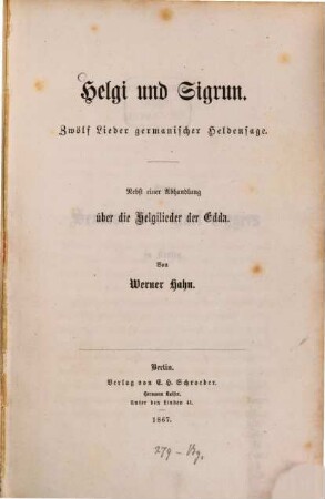 Helgi und Sigrun : zwölf Lieder germanischer Heldensage