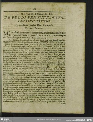 Disputatio Feudalis IV. De Feudi Per Investituram Constitutione : Respondente Nicolao Boie