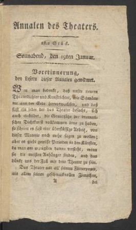 1stes Stück. Sonnabend, den 19ten Januar