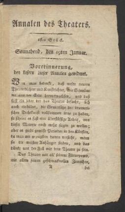 1stes Stück. Sonnabend, den 19ten Januar