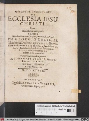 Disputatio Theologica De Ecclesia Jesu Christi