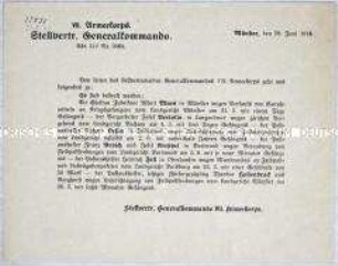Rundschreiben des stellvertretenden Generalkommandos des VII. Armeekorps zur Verurteilung Deutscher wegen der Unterstützung von Kriegsgefangenen