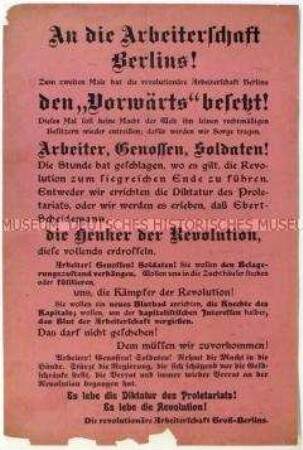 Bekanntmachung der revolutionären Arbeiterschaft Groß-Berlins über die Einnahme des "Vorwärts"-Verlagsgebäudes im Zuge des Januaraufstands 1919