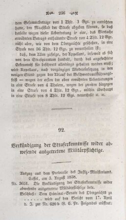 92. Verkündigung der Straferkenntnisse wider abwesende ausgetretene Militärpflichtige.
