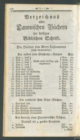 Verzeichnuß aller Canonischen Büchern der heiligen Bilbischen Schrift
