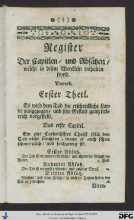 Register Der Capitlen und Absätzen welche in disem Wercklein enthalten seynd.