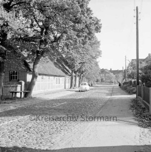 Bundesstraße B 435 Richtung Autobahn A 1 und Lütjensee mit Kopfsteinpflaster: in der Mitte VW-Käfer: rechts Hecken, Zaun und Strommast: links Bauernhaus mit Baumreihe und Milchbock: hinten rechts weitere Häuser
