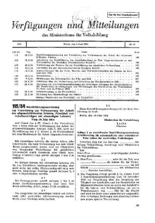 Durchführungsanweisung zur Verordnung zur Verbesserung der Arbeit der allgemeinbildenden Schule (Abschluß von Arbeitsverträgen mit ehemaligen Lehrern) : 115/54 vom 19. Mai 1954