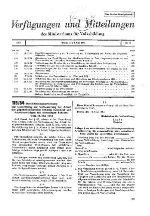Durchführungsanweisung zur Verordnung zur Verbesserung der Arbeit der allgemeinbildenden Schule (Abschluß von Arbeitsverträgen mit ehemaligen Lehrern) : 115/54 vom 19. Mai 1954