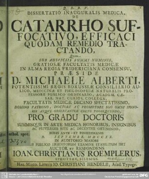 Dissertatio Inauguralis Medica, De Catarrho Suffocativo, Efficaci Quodam Remedio Tractando