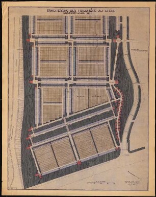 Erweiterung der Friedhöfe, Stolp: (Lichtpause von Inv.-Nr. 41169): Grundriss des nordwestlichen Teils der geplanten Erweiterung des Friedhofs mit Höhenlinien zu Bestand und Planung sowie Grabfeldteilung 1:250, Maßstabsleiste