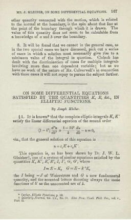 On some differential equations satisfied by the quantities K, E, &c., in elliptic functions.