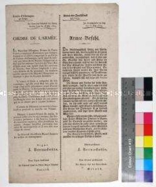 Armeebefehl von Jean-Baptiste Bernadotte vor Linz an die deutsche Armee betreffend aktuelle Stellung und Größe der verbündeten Armeen gegen Napoleon in der Gegend von Wien (in französischer und deutscher Sprache)