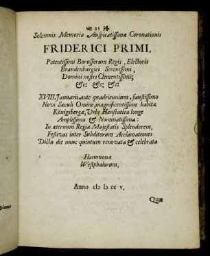 Solemnis Memoria Auspicatissimæ Coronationis Friderici Primi,[...] - Fridericus Wilhelmus,[...]