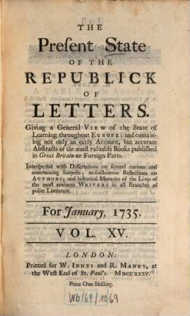 The present state of the republick of letters. 15. 1735, Jan.