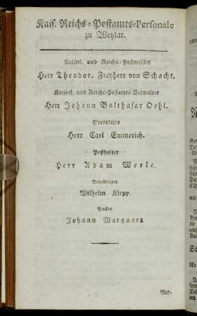Kais. Reichs-Postamts-Personale zu Wetzlar.