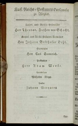 Kais. Reichs-Postamts-Personale zu Wetzlar.