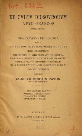 De cultu Dioscurorum apud Graecos pars prior : Inaug. Diss.