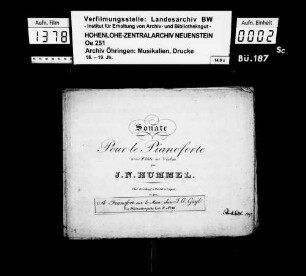 Hummel, J.N., Sonate pour le Pianoforte avec Flute ou Violon, Leipzig, Breitkopf.