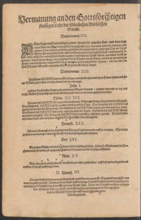 Vermanung an den Gottsförchtigen fleissigen Leser der Göttlichen Biblischen Schrifft.