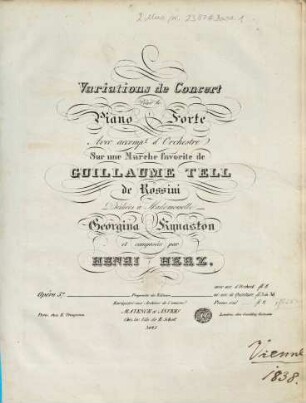 Variations de concert : pour le pianoforte avec accomp. t d'orchestre sur une Marche favorite de Guillaume Tell de Rossini ; op. 57
