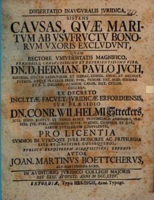 Dissertatio Inavgvralis Jvridica, Sistens Cavsas, Qvæ Maritvm Ab Vsvfrvctv Bonorvm Vxoris Exclvdvnt