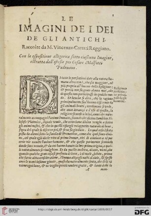Le imagini de i dei de Gli antichi. Raccolte da M. Vincenzo Cartari Reggiano. Con la espositione allegorica sotto ciascuna Imagine, estratta dall'isteßo per Cesare Malfatti Padouano