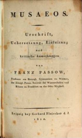 Musaeos : Urschrift, Übersetzung, Einleitung und kritische Anmerkungen