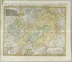 Hassiae Superioris et Wetterau. Mit einer Stadtansicht: Giessen; und zwei Gebäudeansichten: Collegium in alma Ludoviciana; Ehren-Pforte bey[m] I.ten. Universitaets IUBILAEO.